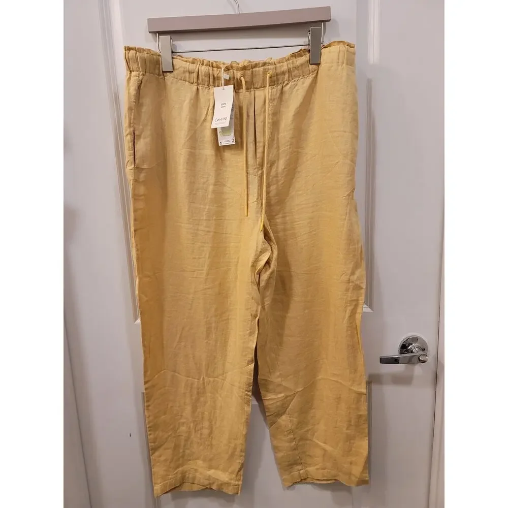 Mango Linen Jogger Trousers Yellow